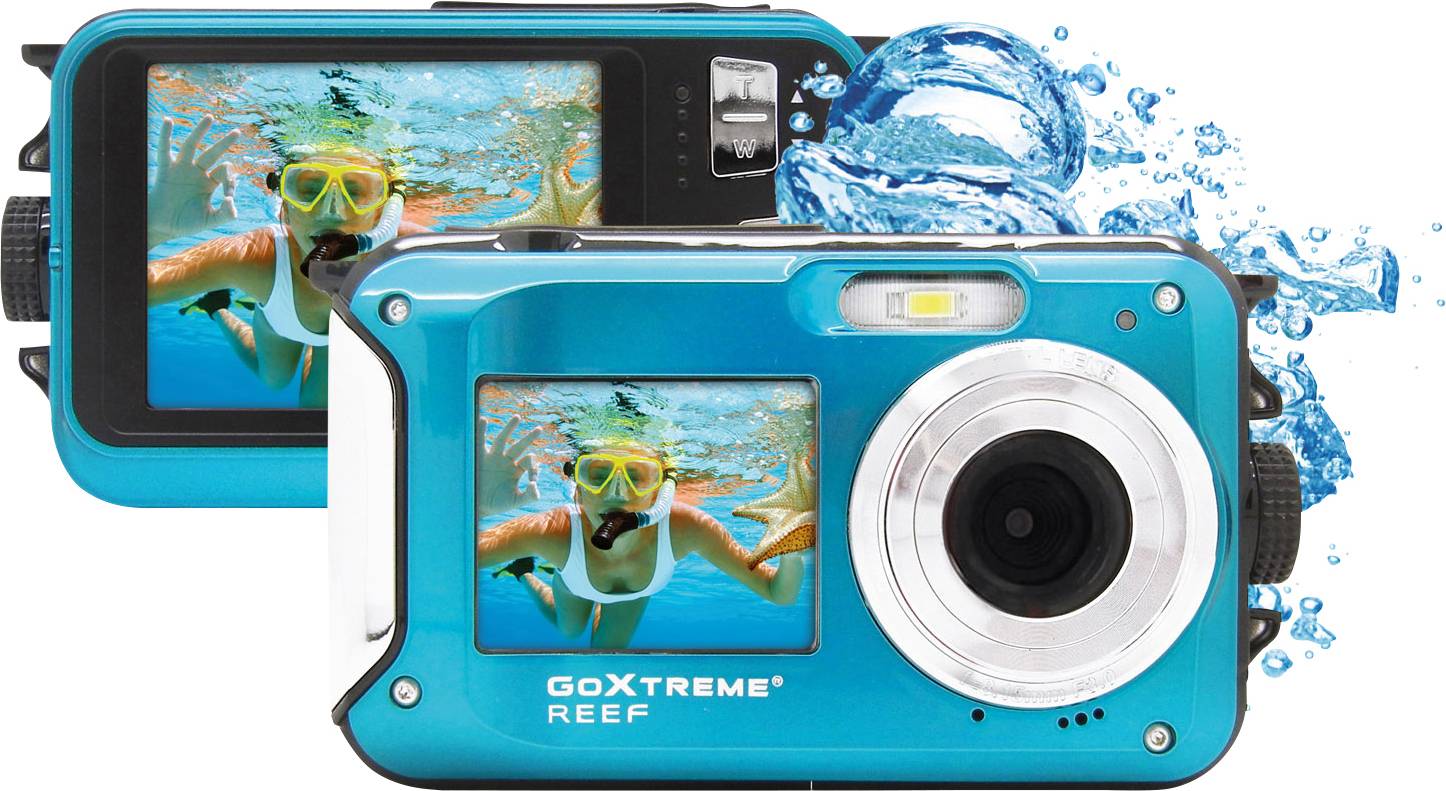 Due fotocamere blu impermeabili, una con display, mostrano una persona con maschera subacquea sott'acqua. Schizzi d'acqua sullo sfondo.