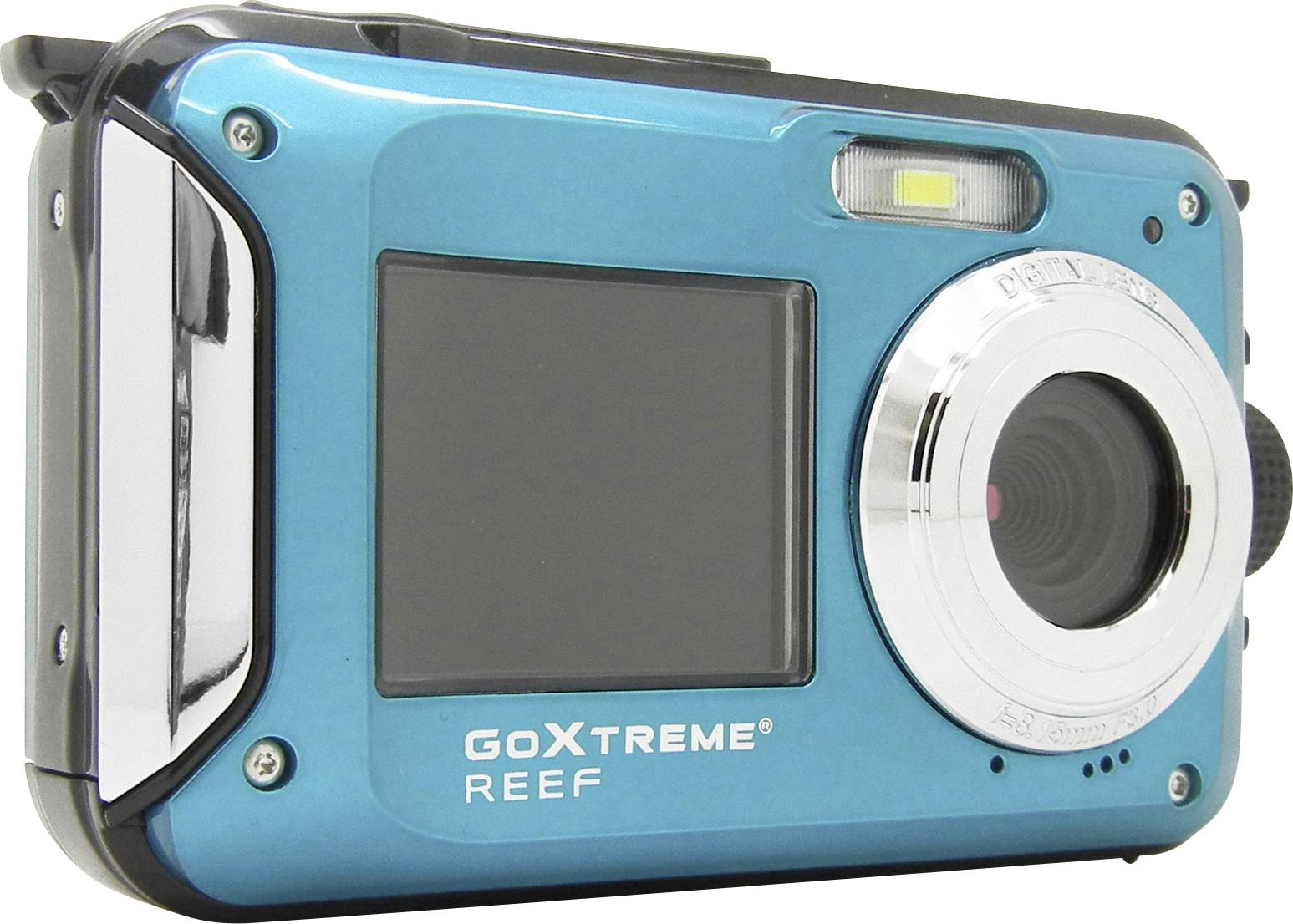 Fotocamera blu impermeabile con obiettivo e schermo, adatta per riprese subacquee. Nome modello 'GoXtreme REEF'.