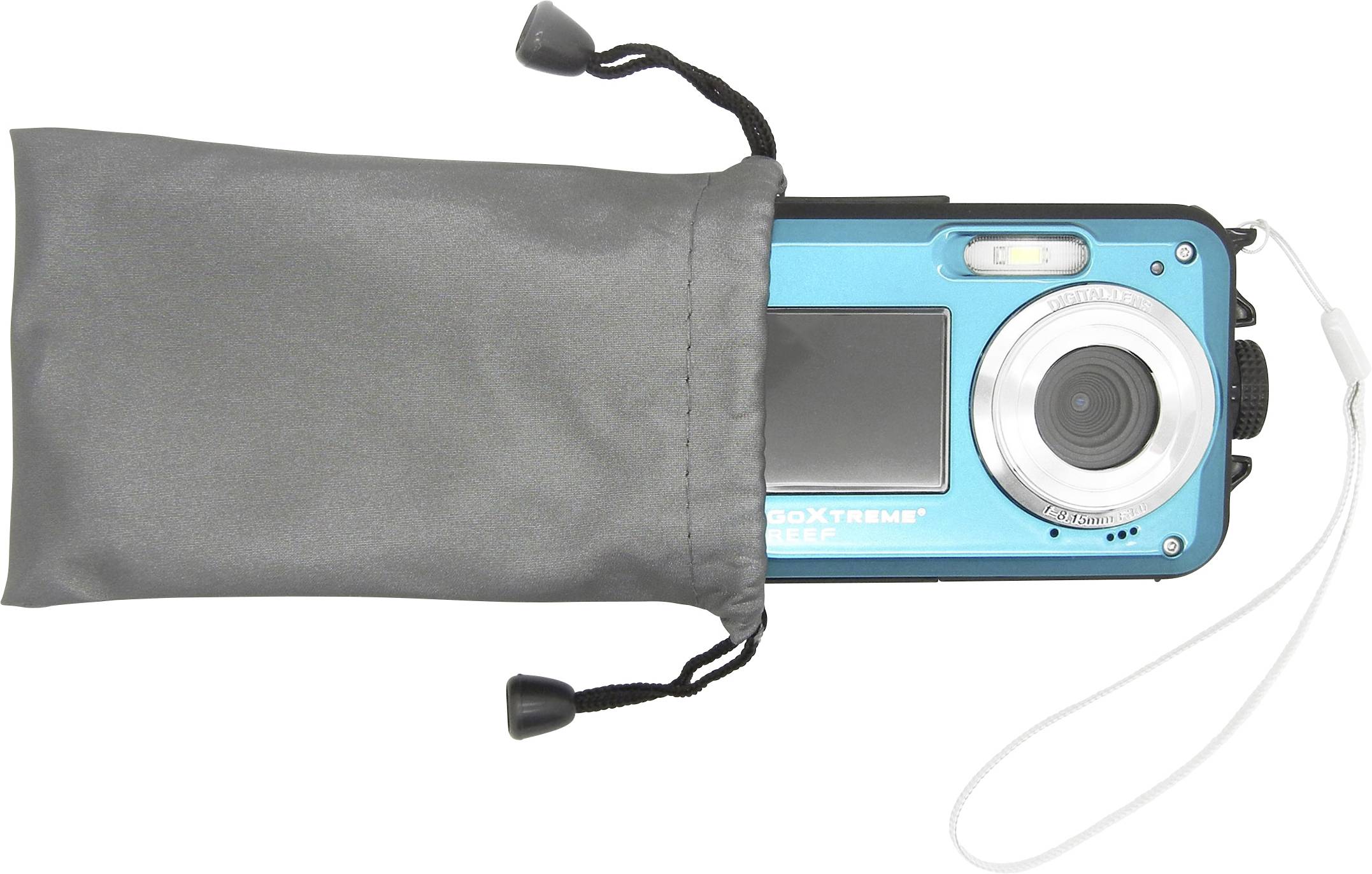 Fotocamera digitale in una borsa grigia, parzialmente visibile, con un corpo macchina e obiettivo blu sul lato destro.