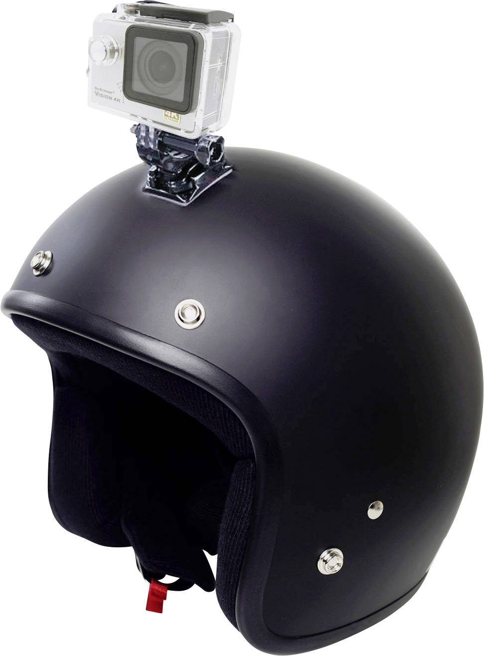 Casco nero per motocicletta con fotocamera d'azione montata sulla parte superiore.