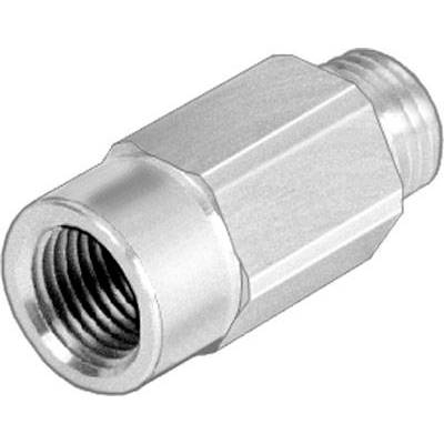 Adattatore metallico argentato con filettatura esterna a destra e filettatura interna a sinistra, presumibilmente per sistemi idraulici o pneumatici.