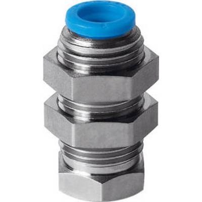 Un connettore esagonale metallico con cappuccio blu e filettatura, presumibilmente per l'uso in sistemi pneumatici o idraulici.