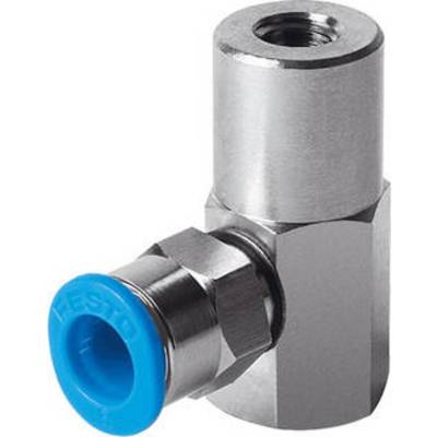 Pezzo di giunzione angolare metallico con un cappuccio superiore in plastica blu. Utilizzato per sistemi pneumatici o idraulici.