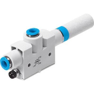 Una valvola pneumatica tubolare bianca con accenti blu e un raccordo nero, presumibilmente utilizzata in ambito industriale.