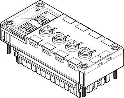 Disegno tecnico di un dispositivo elettronico con quattro pulsanti e un display che mostra valori e unità.