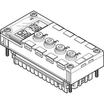 Disegno tecnico di un dispositivo elettronico con quattro pulsanti e un display che mostra valori e unità.