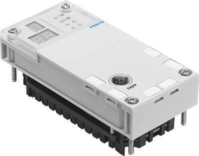Un dispositivo elettronico bianco con pulsanti e display, montato su un piedistallo nero. Sembra trattarsi di un modulo di controllo.