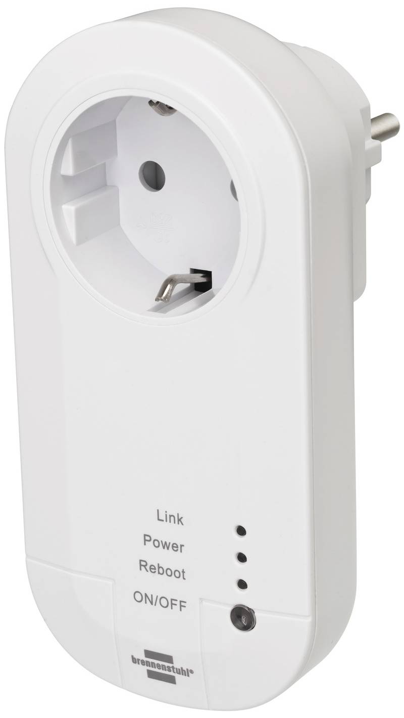Presa intelligente bianca con slot di connessione, indicatori LED per 'Link', 'Power', 'Reboot' e 'ON/OFF', contrassegnata con logo.