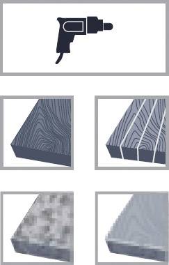 L'immagine mostra un trapano e diversi campioni di legno e superfici. La caratteristica principale è la differenza di texture dei materiali.