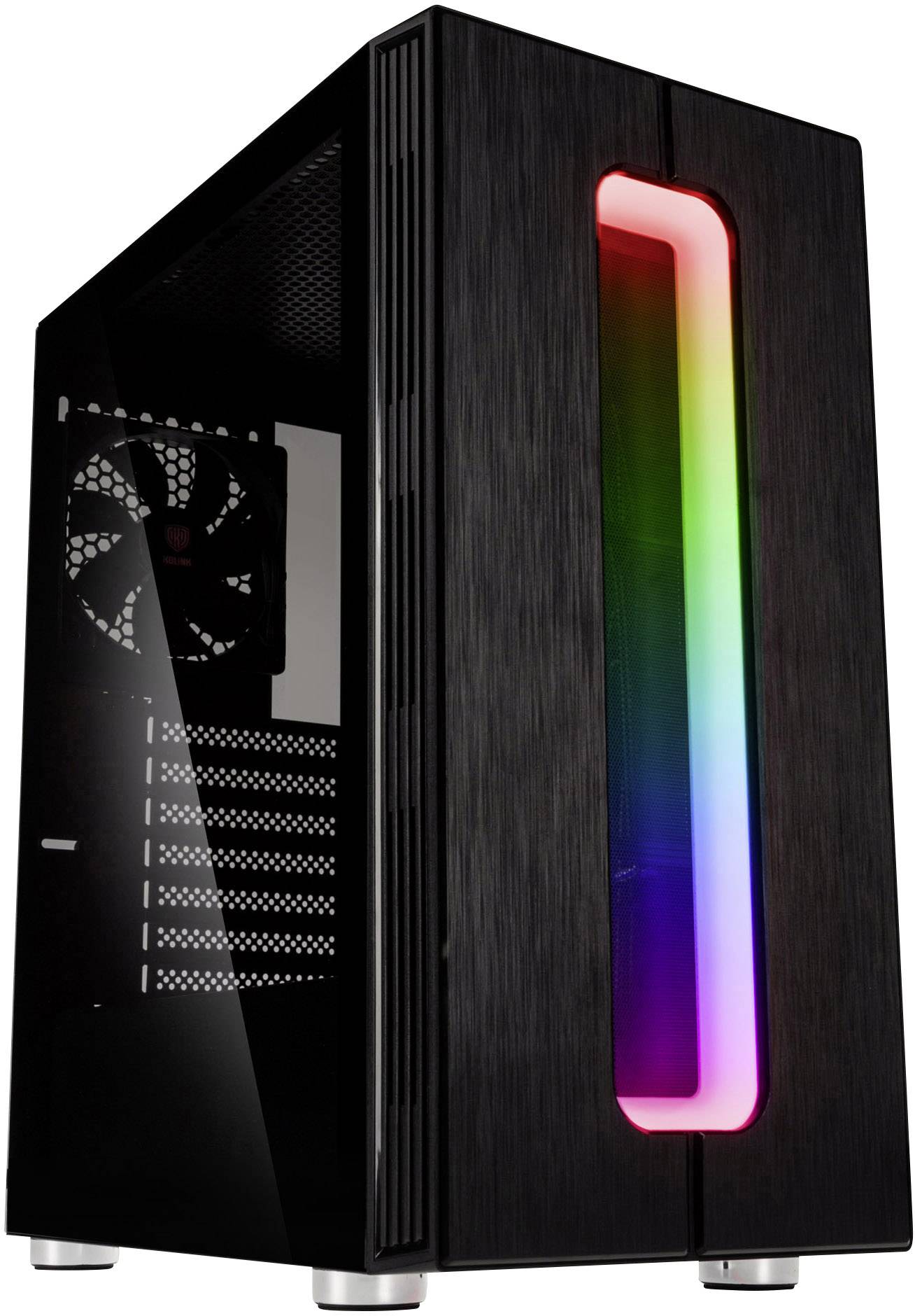 Case PC nero con finestra laterale in vetro e striscia LED verticale con colori arcobaleno sul lato frontale.