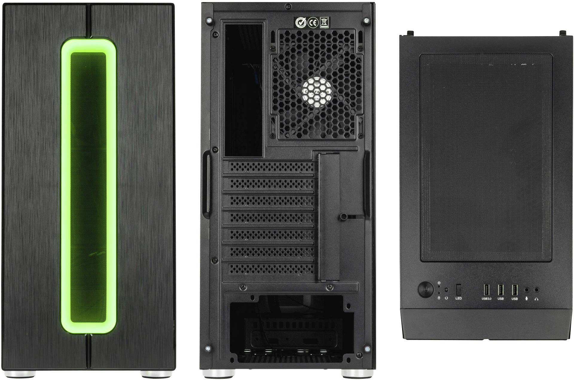 Case per PC con striscia LED verde anteriore, vista frontale, posteriore e superiore. Mostra le aperture di ventilazione e le porte di connessione.