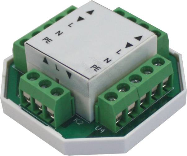 Un blocco terminale elettrico con sei morsetti di connessione verdi, montato su un piedistallo ottagonale bianco. Adatto per connessioni a bassa tensione.