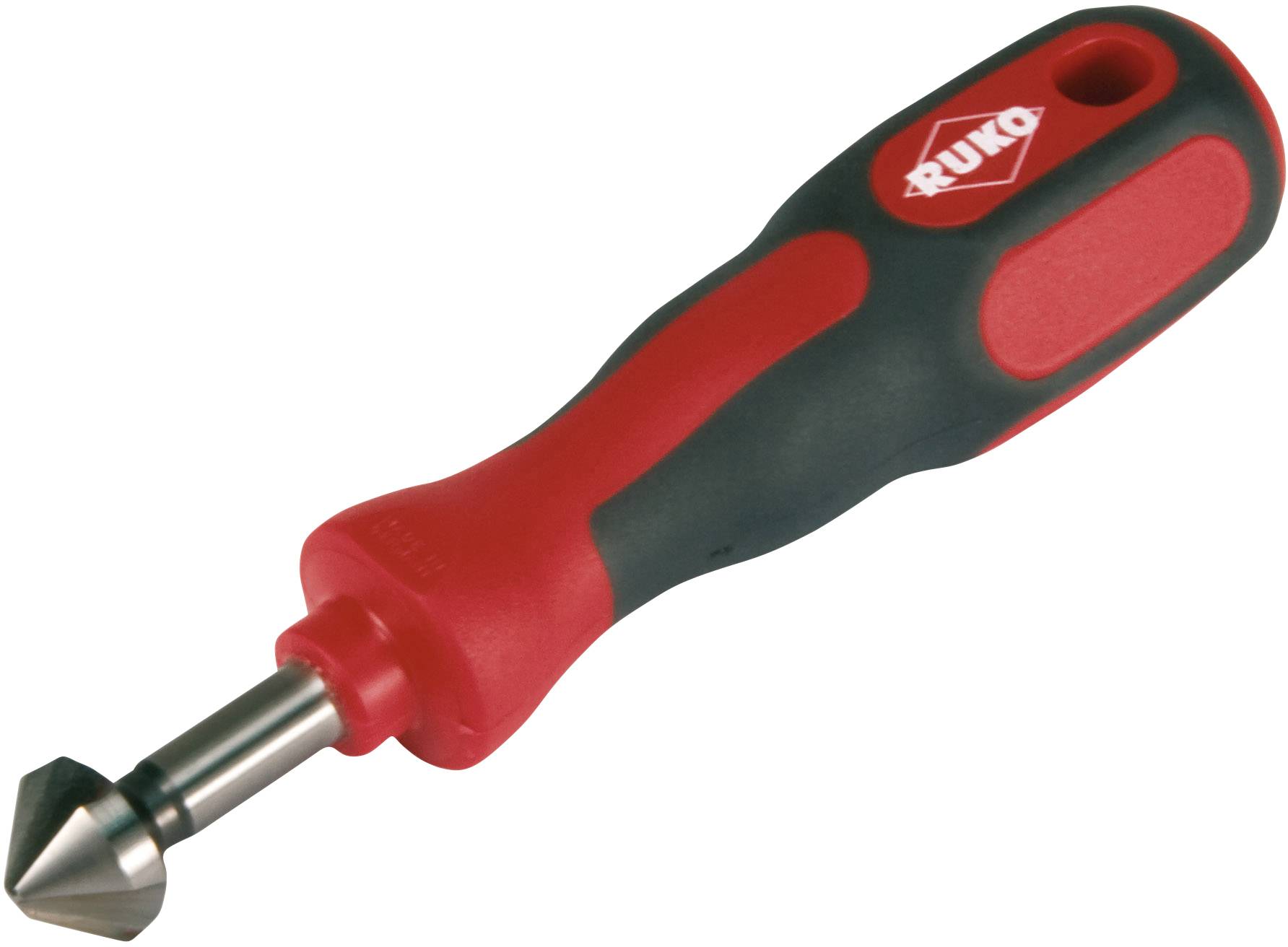 Utensile manuale per sbavatura con impugnatura rossa e nera. Utilizzato per rimuovere bave dai pezzi lavorati. Marchio 'Ruko' visibile sull'impugnatura.