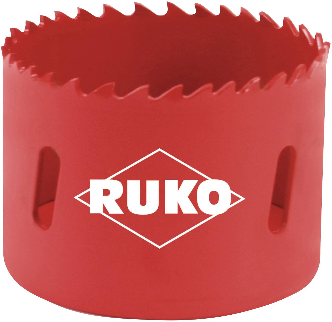 Sega a tazza rossa con taglio ondulato, marca 'RUKO', adatta per forare fori circolari, utilizzata in lavori edili e artigianali.