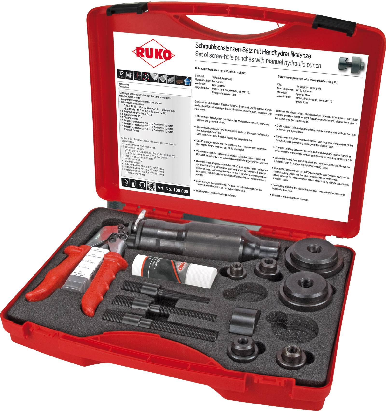Cassetta degli attrezzi rossa aperta con set di punzonatrici per fori, pressa idraulica manuale e accessori. Il testo all'interno descrive l'applicazione.