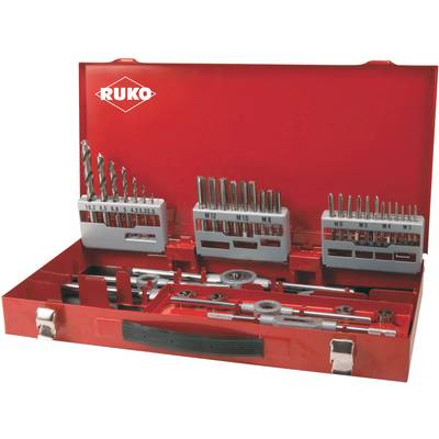 Un contenitore degli attrezzi rosso con diversi trapani e set per filettatura, compresi formati come M12, M10 e M8, ben organizzato.