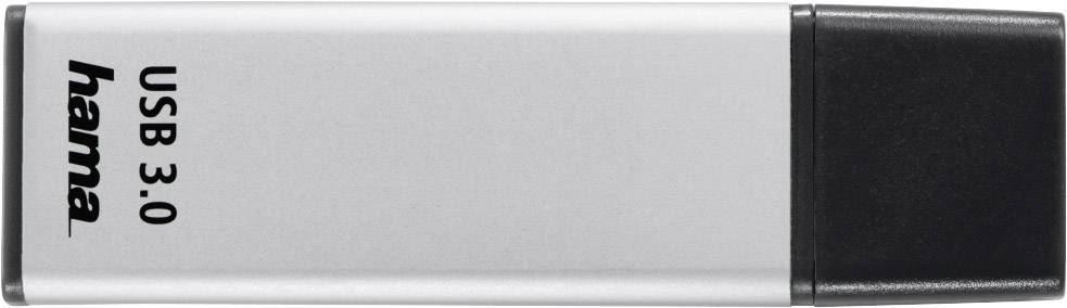 Chiavetta USB 3.0 di colore argento della marca Hama, con cappuccio protettivo nero sulla destra.