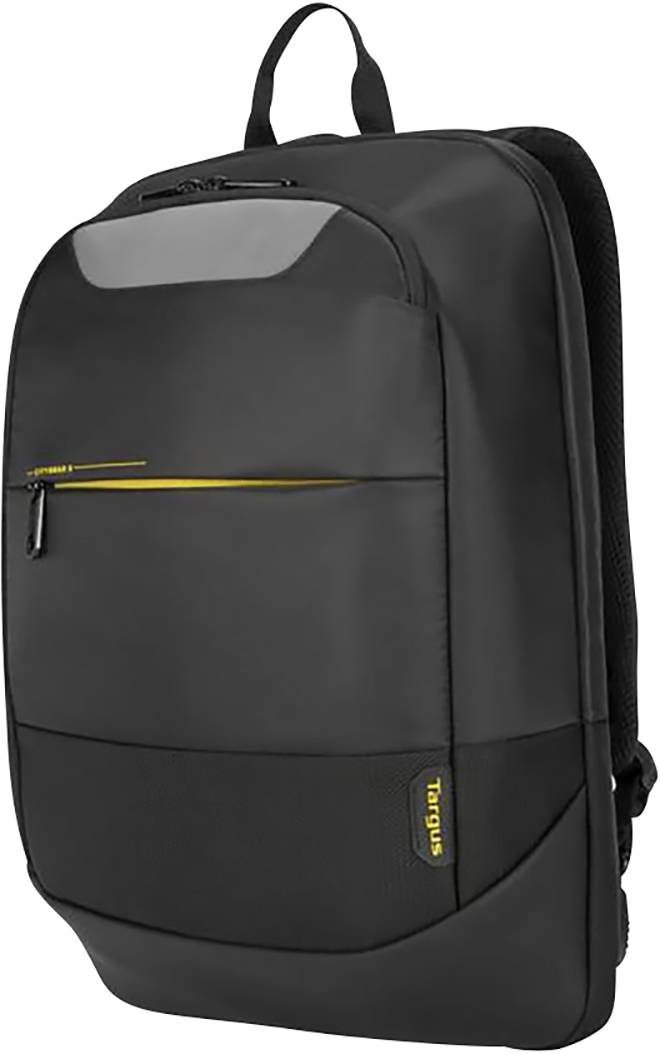Uno zaino nero con accenti gialli e diversi scomparti con cerniera, adatto all'uso quotidiano o per viaggiare.