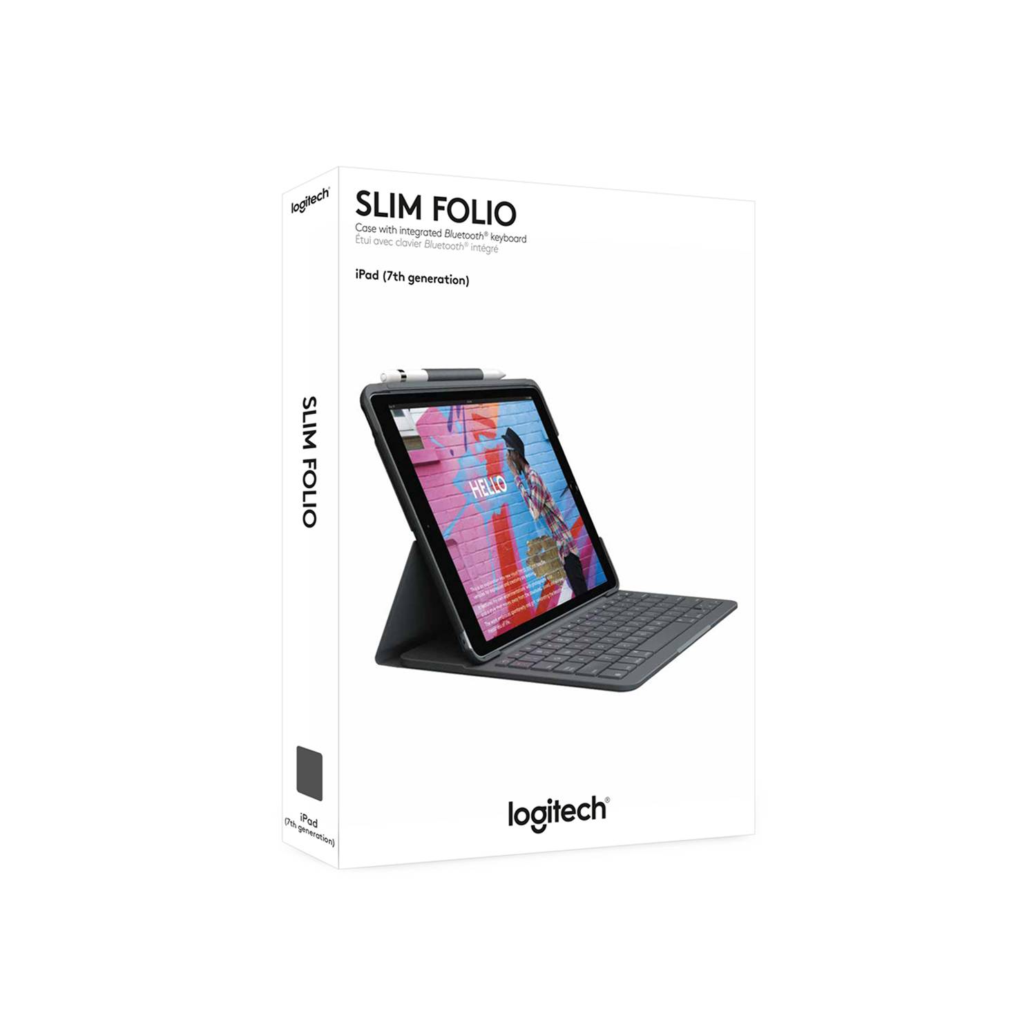 Confezione di un Logitech Slim Folio, una custodia protettiva con tastiera Bluetooth integrata per iPad (7a generazione), raffigurata.