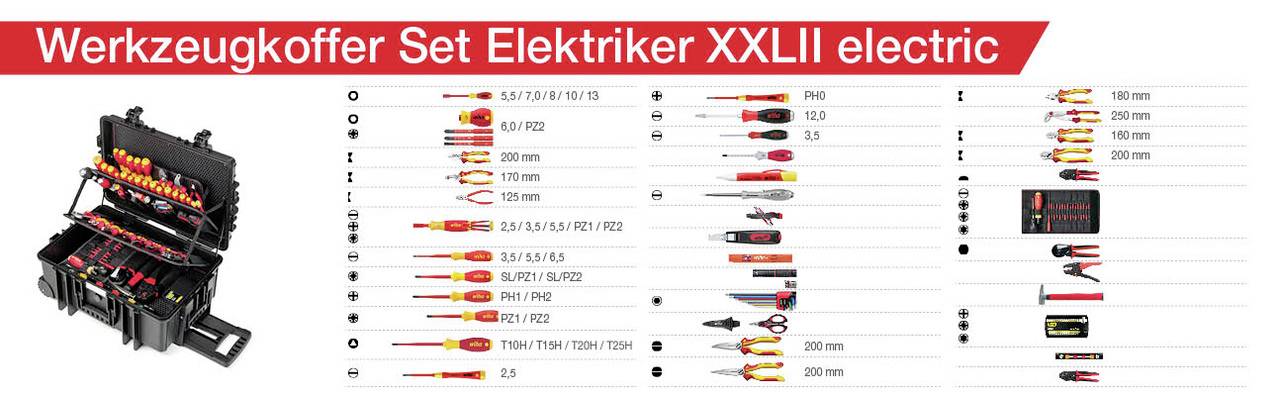 Set di valigetta degli attrezzi per elettricista XXLII electric con illustrazione e lista di strumenti elettrici, inclusi cacciaviti, pinze e strumenti di misurazione.