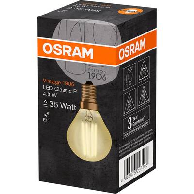 Un imballaggio di lampadina OSRAM, Edizione 1906, LED Classic P, 4,0 W, E14, equivalente a 35 watt. Con 3 anni di garanzia.