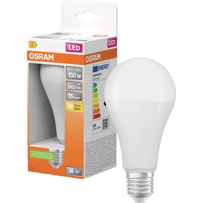 Lampadina LED OSRAM in confezione, che mostra una lampadina a forma di A satinata e una scatola etichettata 19 W, 2452 lm, 15 anni, bianco caldo, E27.