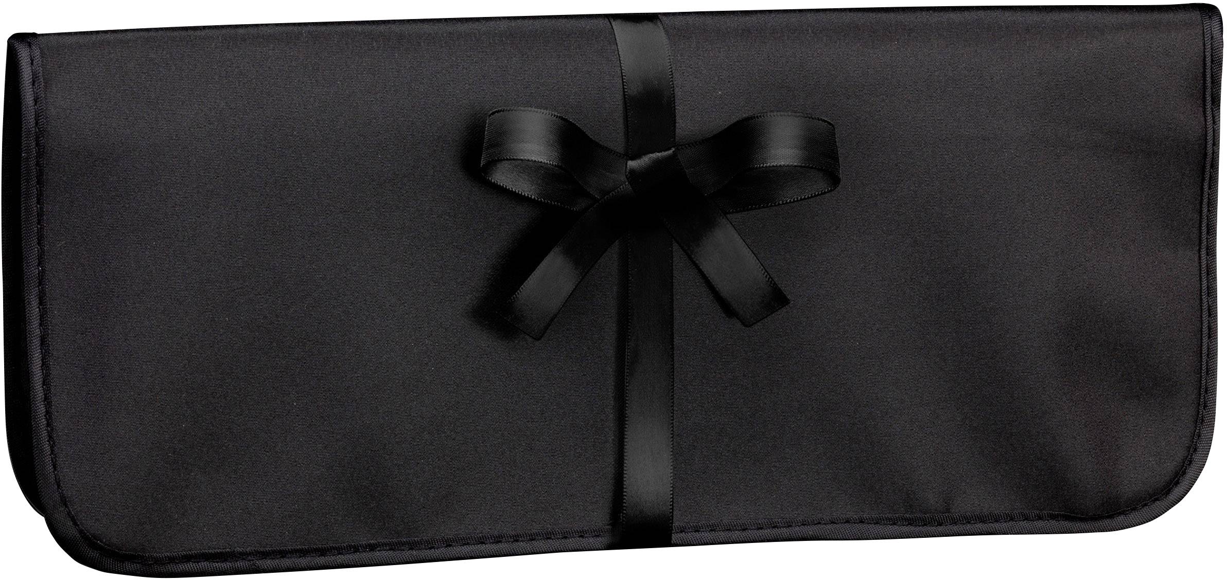 Clutch nera con fiocco, design essenziale per occasioni eleganti.