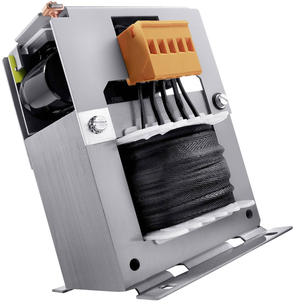 Modulo trasformatore con blocco di connessione arancione, avvolgimento nero e involucro argentato, idoneo per dispositivi elettronici.