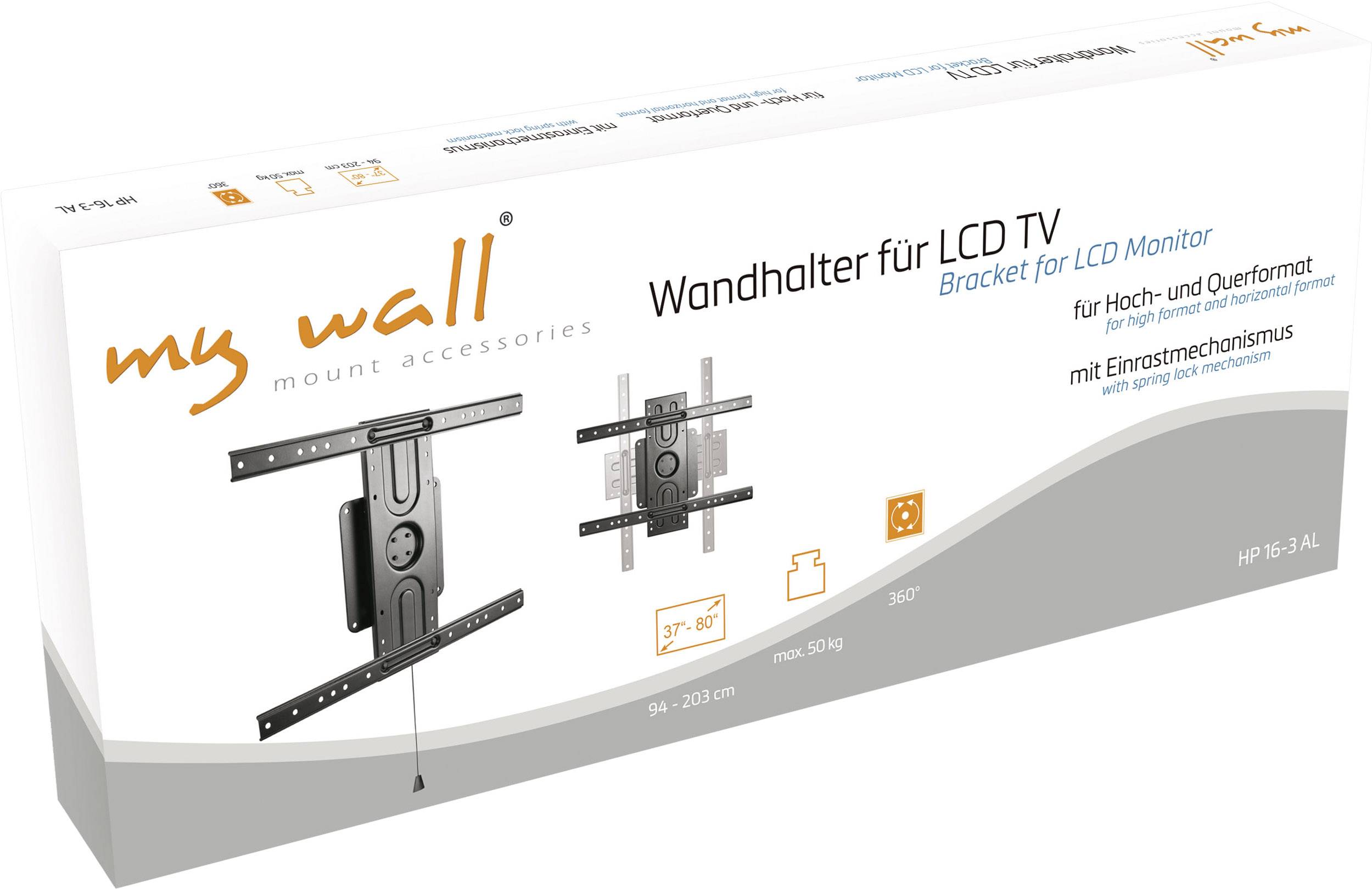 Confezione per supporto a parete per TV LCD, adatto a orientamento verticale e orizzontale. Numero modello HP 36-3 AL. Include immagine del supporto.