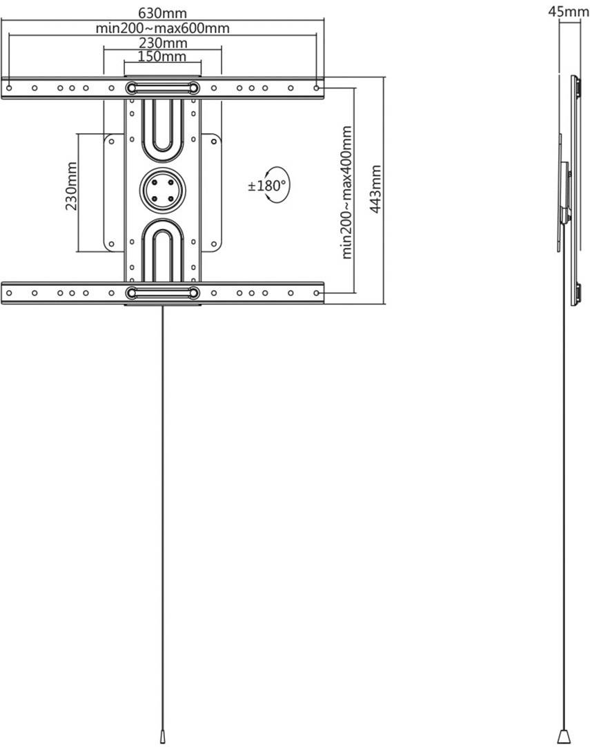 Disegno tecnico di un supporto a muro. Larghezza 630mm, altezza 443mm, angolo di inclinazione regolabile fino a +180°. Distanza massima dalla parete: 45mm.