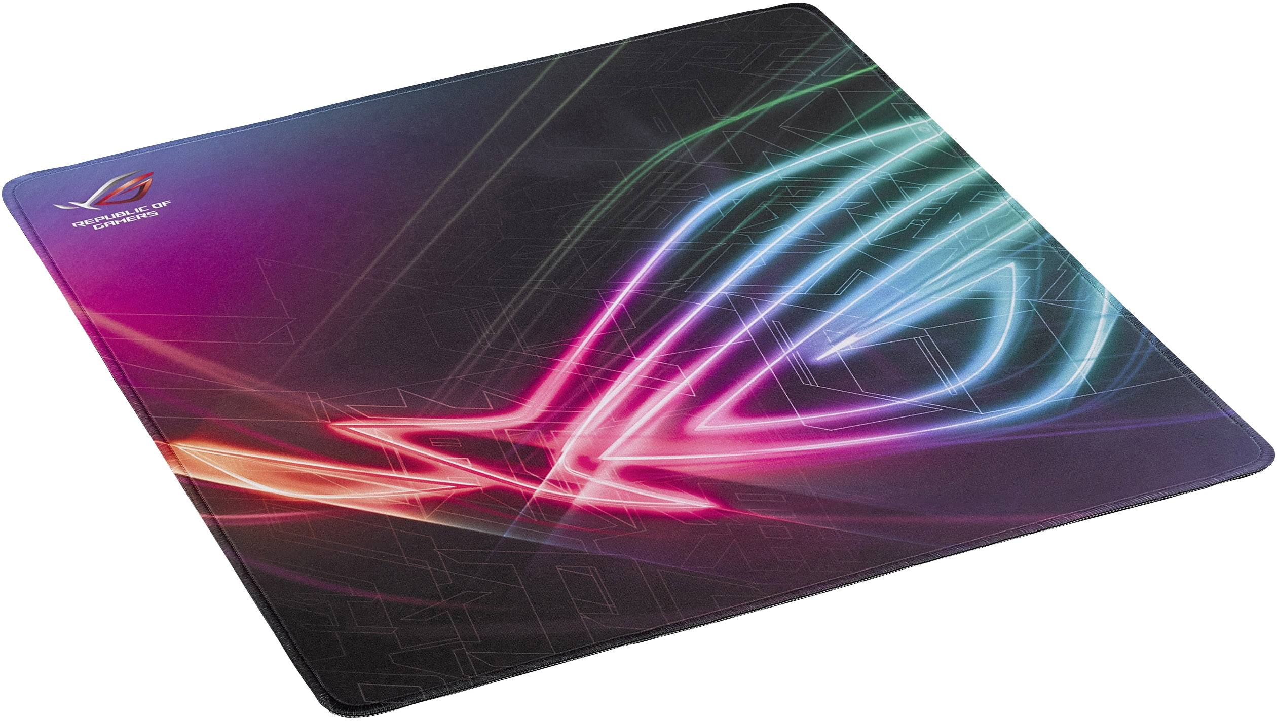 Tappetino da gaming RGB con linee e motivi colorati e luminosi, che mostra un design futuristico e tecnologico.