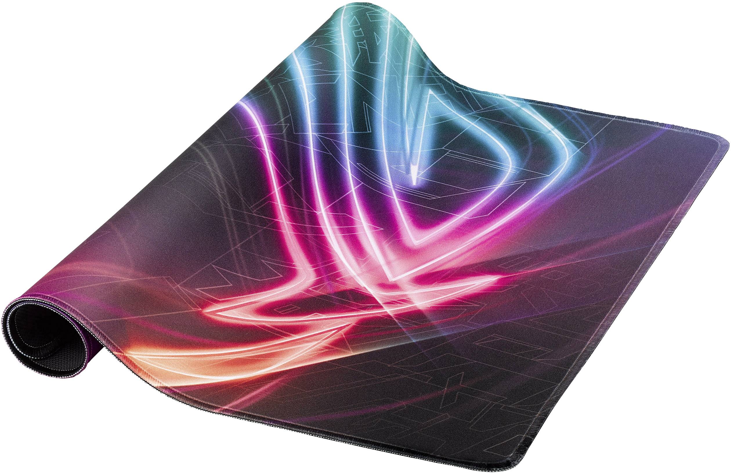 Un tappetino per mouse luminoso con luci ondulate multicolori in blu, rosa e rosso su sfondo nero.