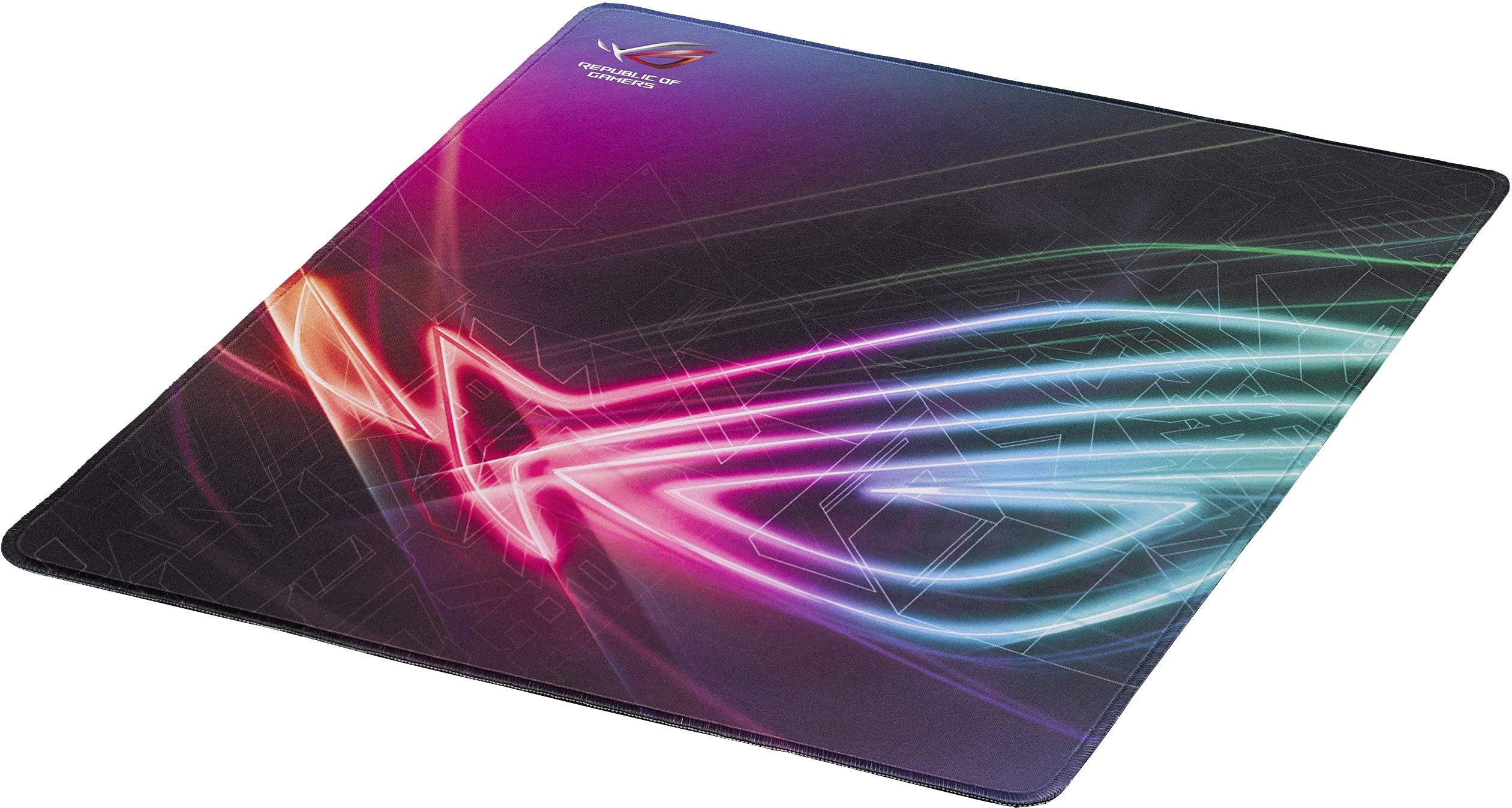 Un tappetino per mouse rettangolare con strisce al neon che formano un design distintivo e luminoso. Logo del marchio in alto a sinistra.