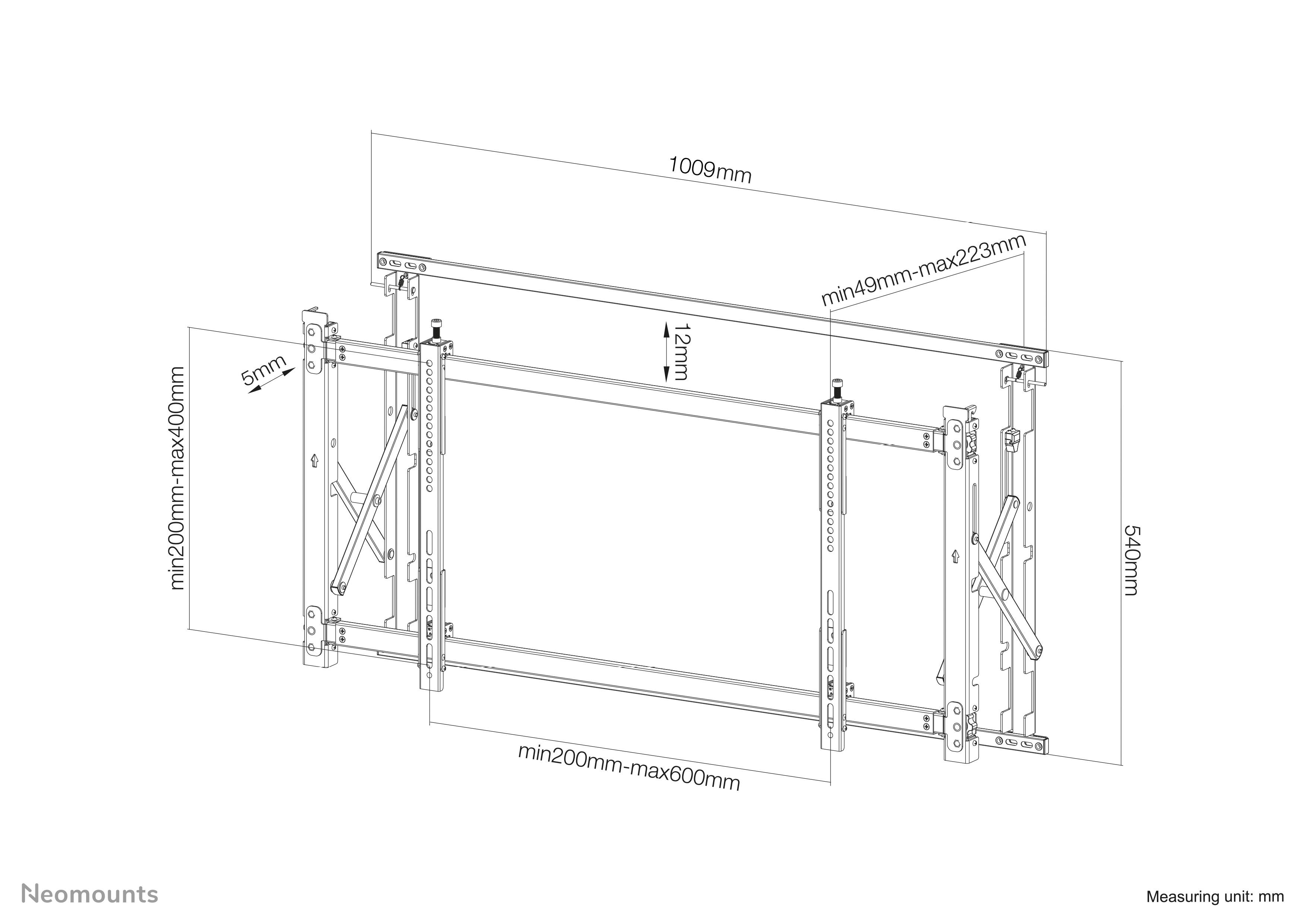 Disegno tecnico di un supporto monitor regolabile con misure indicate in millimetri. Dimensioni: larghezza 1009 mm, altezza 564 mm.