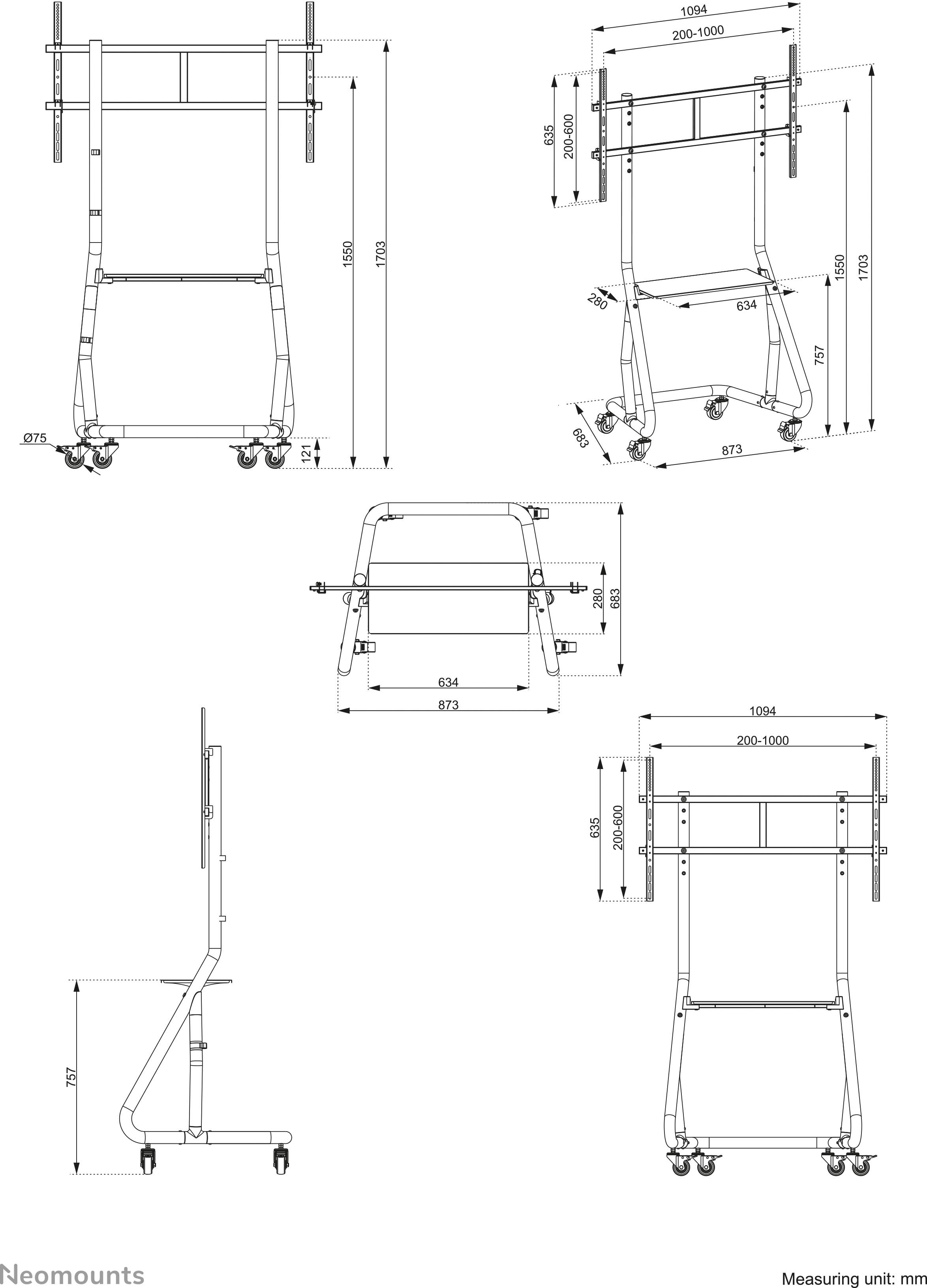 Disegno tecnico di un telaio mobile con dimensioni di altezza e larghezza in millimetri. Vista frontale, laterale e dall'alto.