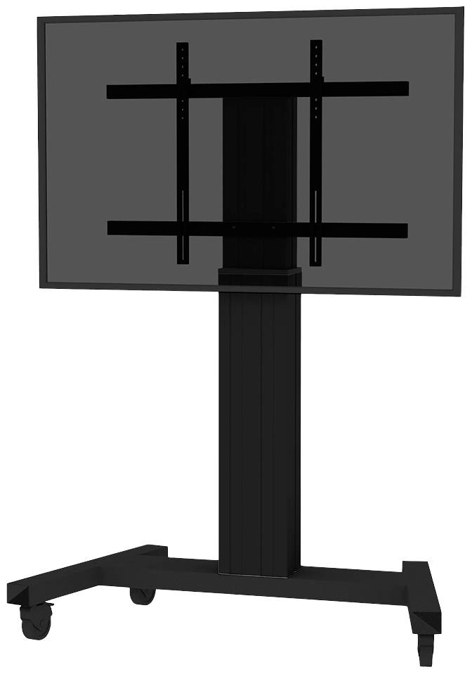 Un supporto TV nero con un palo verticale e ruote, su cui può essere montato un display piatto.