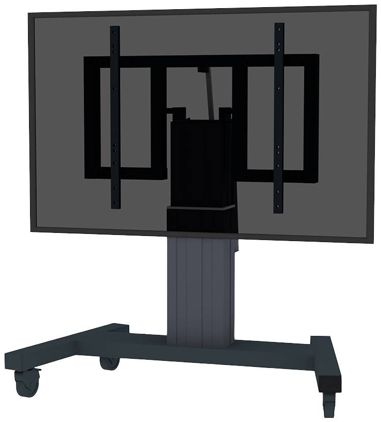 Un display piatto su un supporto mobile con ruote. Il supporto ha un meccanismo regolabile che sorregge lo schermo.