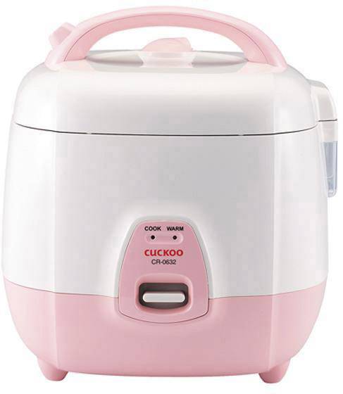 Cuociriso in bianco e rosa con manico, spie luminose per 'Cottura' e 'Mantenimento calore'. Marca 'Cuckoo'.