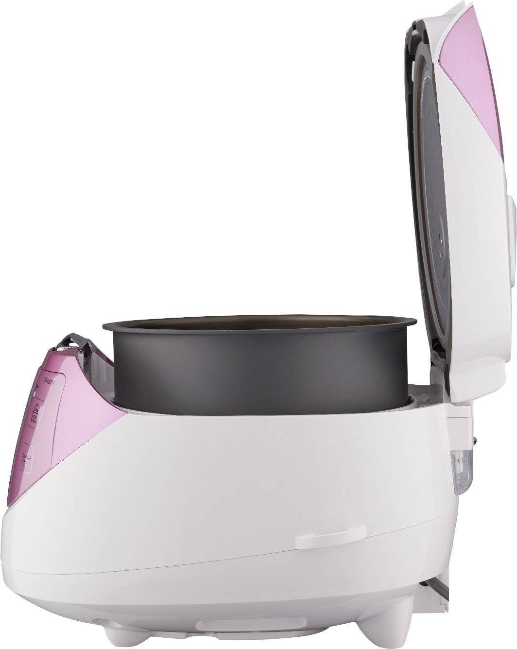 Un robot da cucina elettrico aperto con involucro rosa e bianco mostra la pentola interna estraibile.