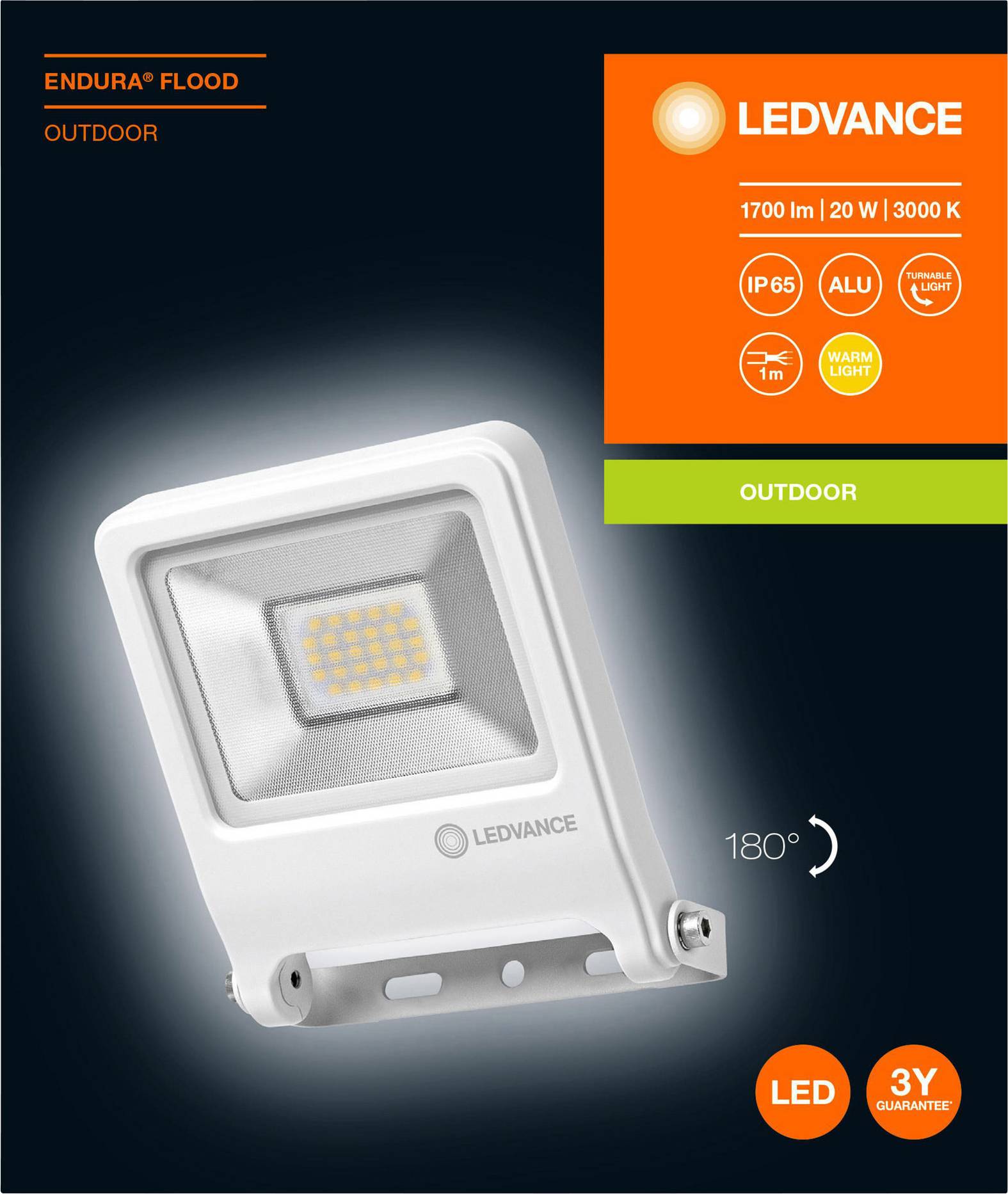 Proiettore LEDVANCE modello 'Endura'. 1700 lm, 20 W, 3000 K. Per uso esterno. IP65, involucro in alluminio, luce bianca calda, garanzia di 3 anni.