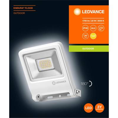 Proiettore LEDVANCE modello 'Endura'. 1700 lm, 20 W, 3000 K. Per uso esterno. IP65, involucro in alluminio, luce bianca calda, garanzia di 3 anni.