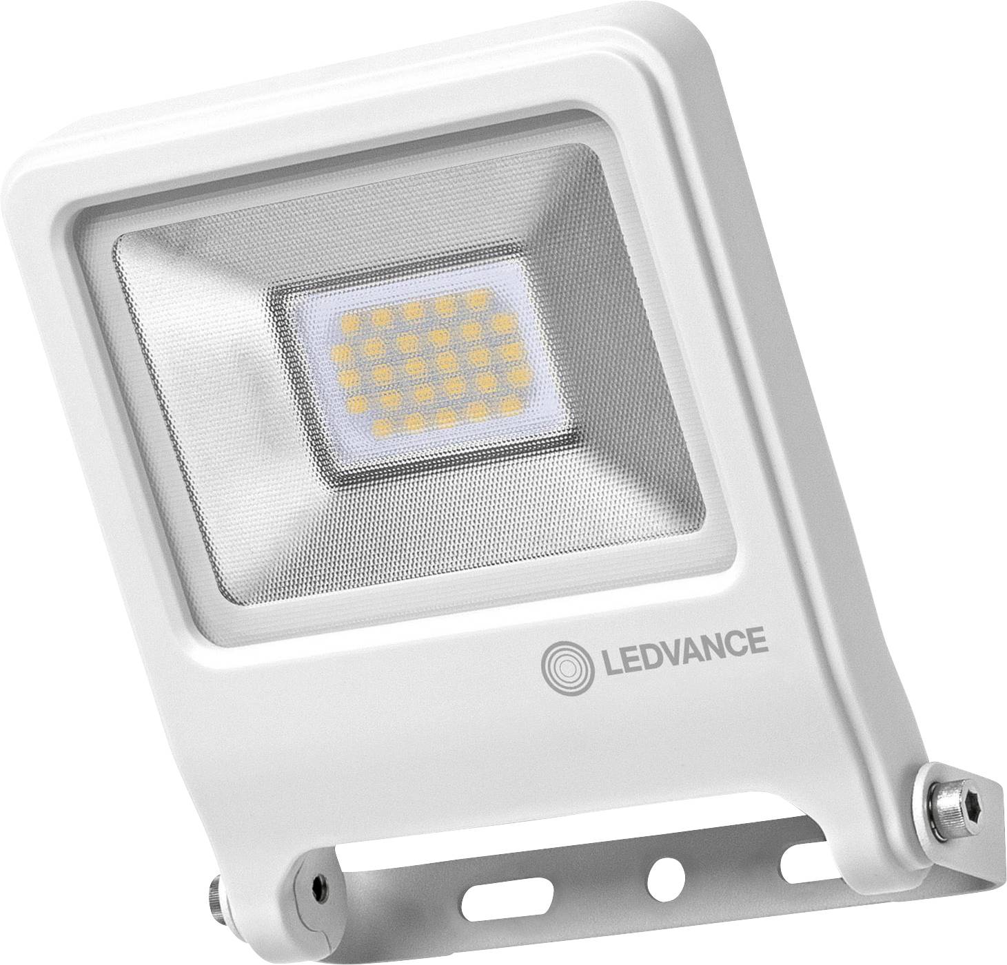 Un proiettore LED bianco con LED arancioni, realizzato dal marchio Ledvance. Binario di fissaggio visibile sul lato inferiore.