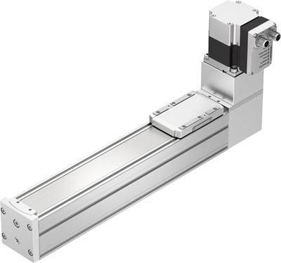 Attuatore lineare di colore argento, composto da un motore e una guida, per applicazioni tecniche precise.