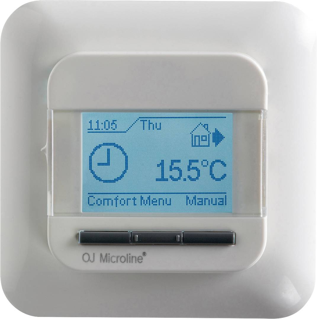 Un termostato digitale mostra l'ora '11:05', il giorno della settimana 'Gio' e la temperatura '15,5 °C'. Sotto, due tasti del menu.