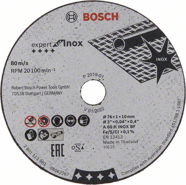 Disco abrasiva Bosch per acciaio inossidabile, 80 m/s, 20100 giri/min, contiene simboli di sicurezza e istruzioni per l'uso. Prodotto in Tailandia.
