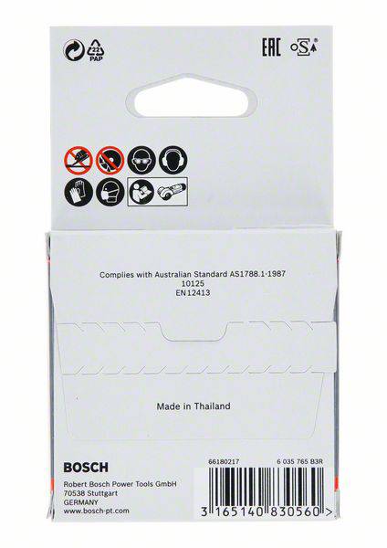 Retro di un imballaggio per utensili Bosch con simboli di sicurezza e testo: 'Made in Thailand'.