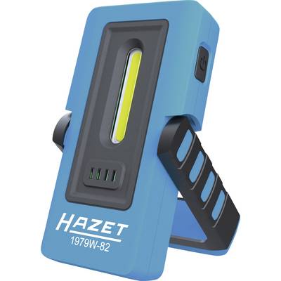 Luce da lavoro LED portatile blu con manico nero e interruttore. Contrassegnata con 'Hazet 1979W-82'.