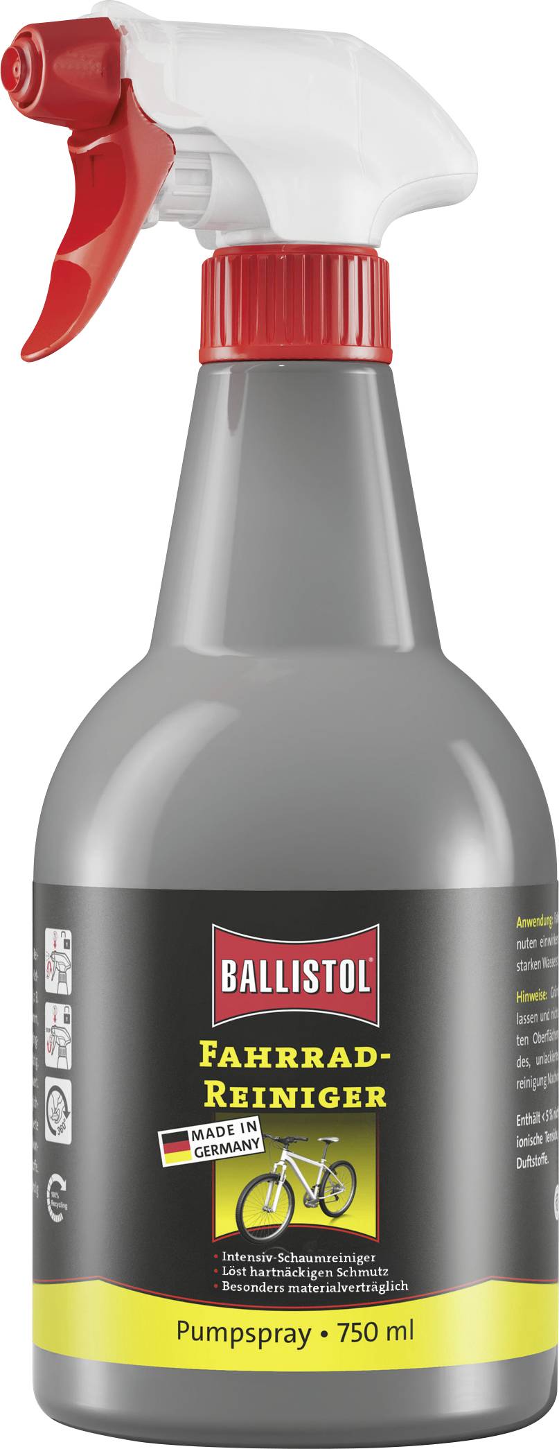 Flacone di Ballistol 'Fahrrad-Reiniger' detergente per biciclette in bomboletta spray con pompa, 750 ml, con spruzzatore a grilletto rosso.