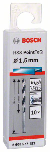 'Bosch HSS PointTeQ Punta, diametro 1,5 mm, lunghezza 40 mm. 10 pezzi per confezione. Alta velocità.'