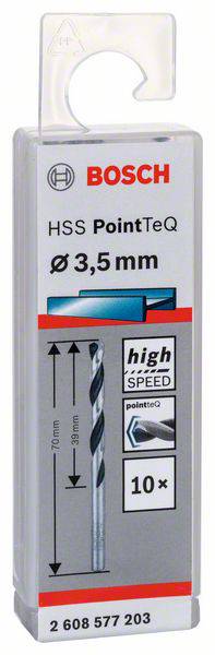 Confezione di punte Bosch HSS PointTeQ. Diametro 3,5 mm. Contiene 10 pezzi, adatte per alte velocità, lunghezza 70 mm.